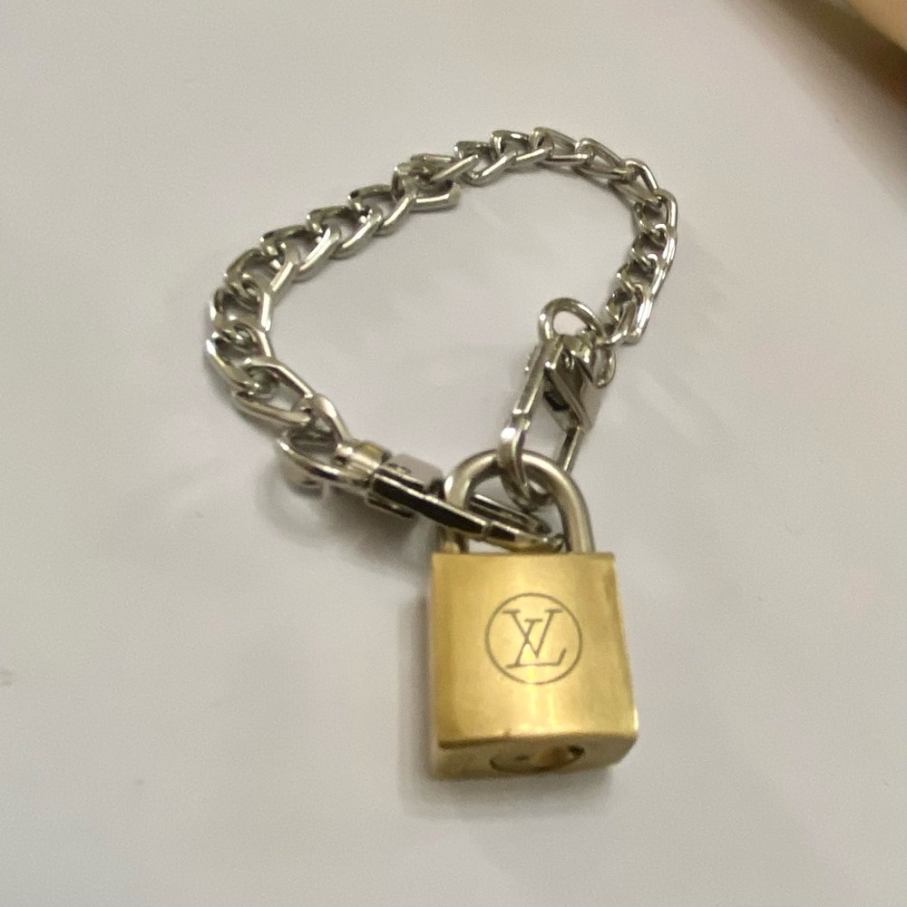 Vintage, Louis Vuitton Brass Padlock with 7-8in Silver Tone Chain Bracelet
